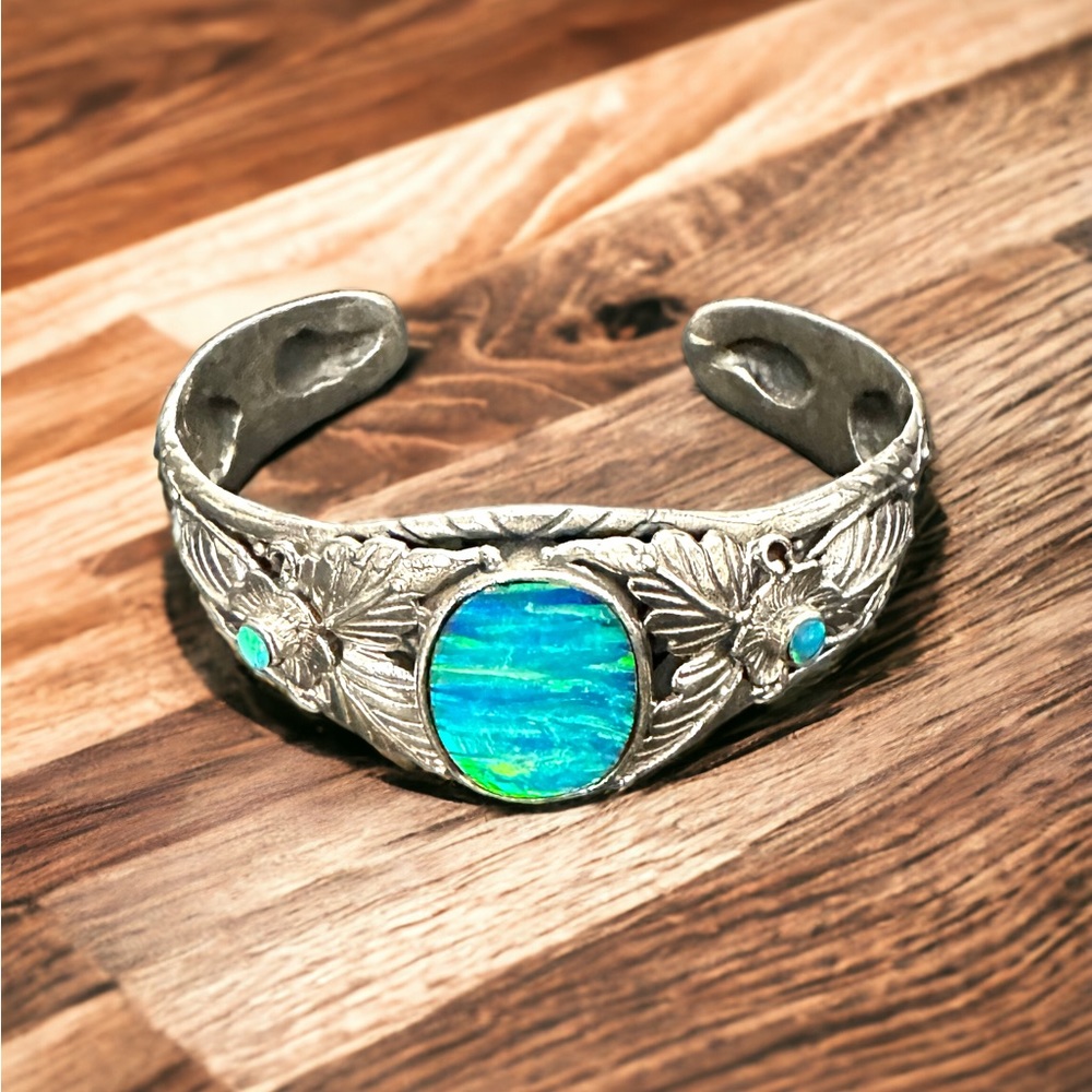 Solid Sterling Silver with Fire Opals Cuff Bracelet